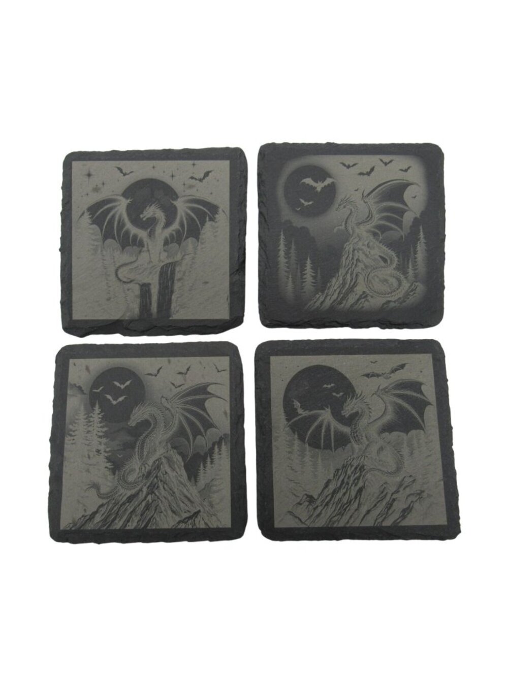 Slate Dragon Coasters Engraved Set Of 4 Square Gray 4"